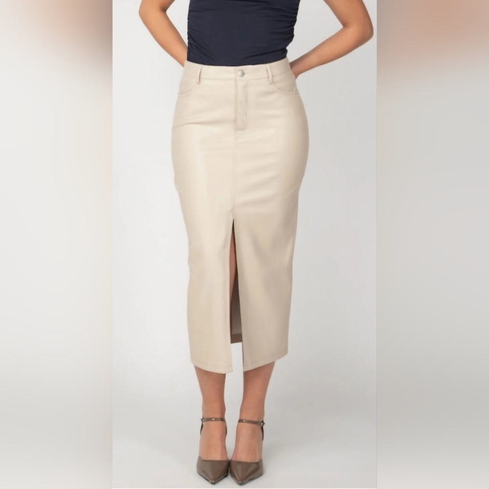 Wayf Cream Midi Skirt Faux Leather